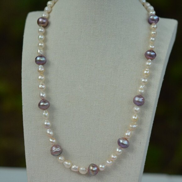 White Mini Baroque & Purple Edison Pearl Necklace – 22" - Picture 4 of 4